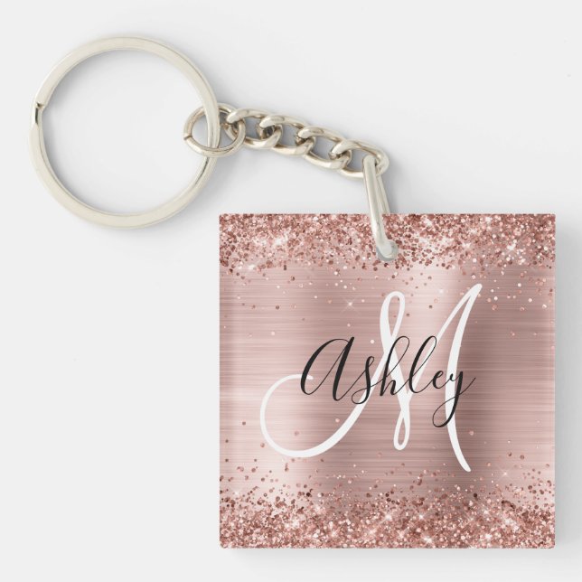 Glittery Rose Gold Foil Black and White Monogram Key Ring (Front)