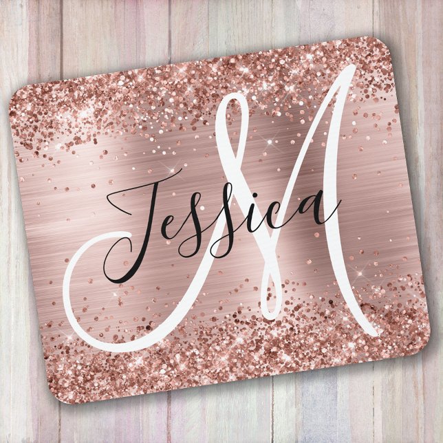 Glittery Rose Gold Foil Black and White Monogram Mouse Pad (Creator Uploaded)