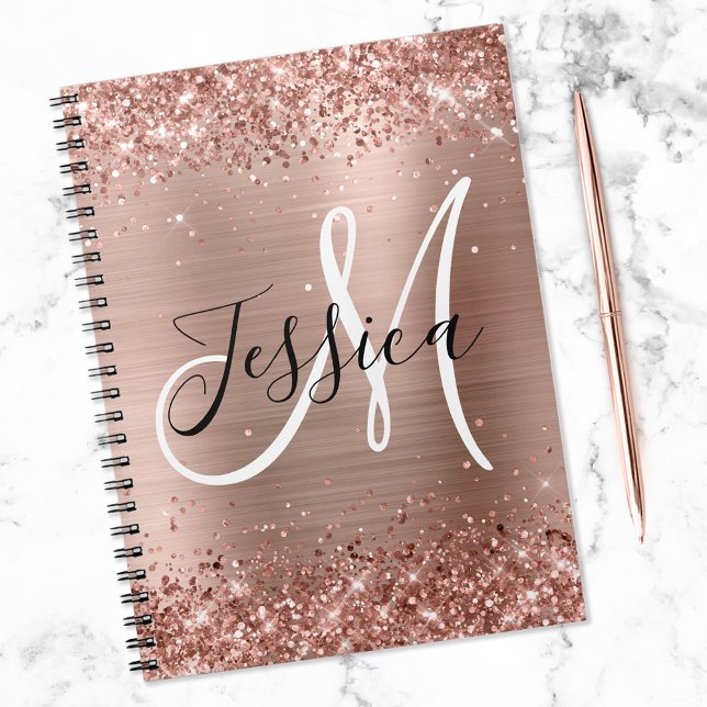 Glittery Rose Gold Foil Black and White Monogram Notebook (Creator Uploaded)