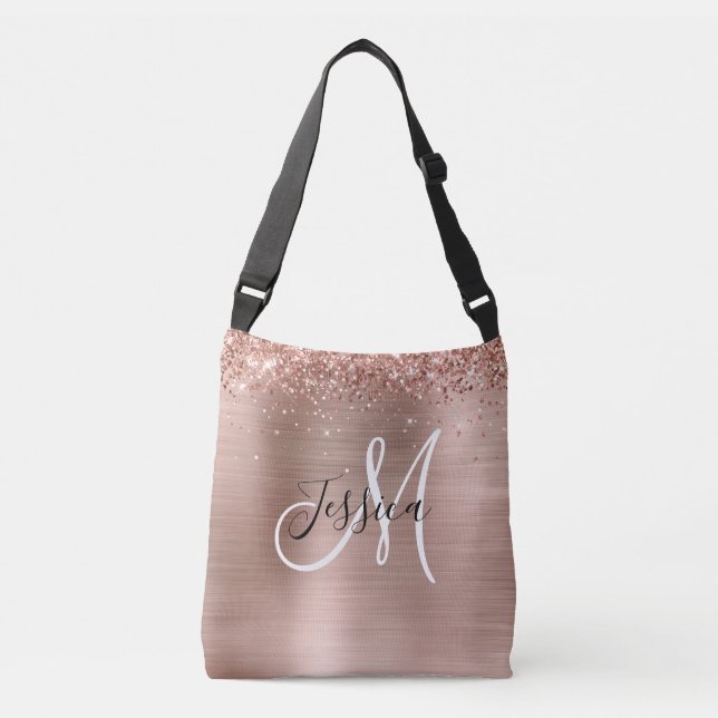 Glittery Rose Gold Foil Black White Monogrammed Crossbody Bag (Front)