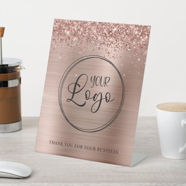 Glittery Rose Gold Foil Business Logo Pedestal Sign (In SItu)
