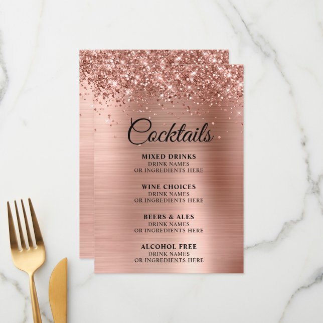 Glittery Rose Gold Foil Cocktails Bar Menu (Front/Back In Situ)