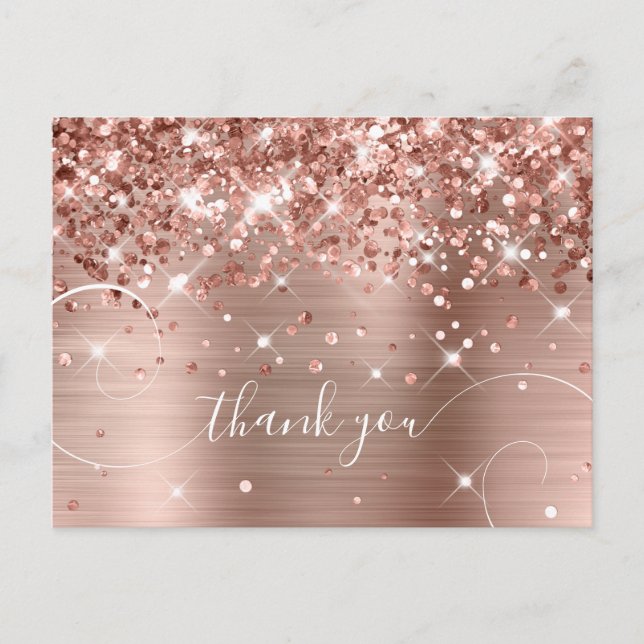 Glittery Rose Gold Foil Curly Script Thank You Postcard (Front)