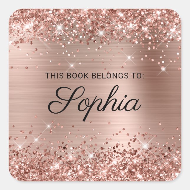 Glittery Rose Gold Foil Elegant Calligraphy Book Square Sticker (Front)