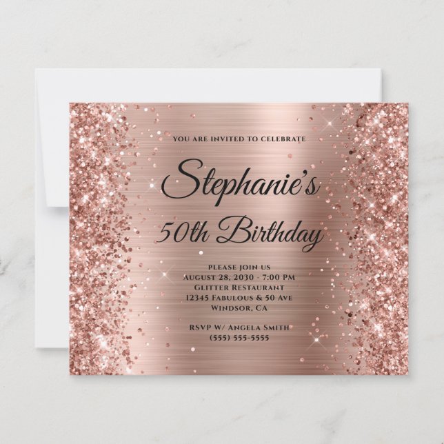 Glittery Rose Gold Foil Fancy Monogram 50 Birthday (Front)
