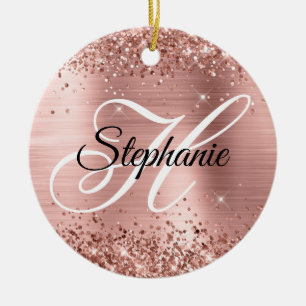 Glittery Rose Gold Foil Fancy Monogram Ceramic Ornament