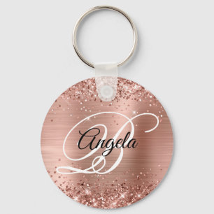 Glittery Rose Gold Foil Fancy Monogram Key Ring