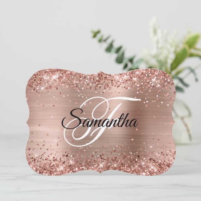 Glittery Rose Gold Foil Fancy Monogram Place Card (Standing Front)