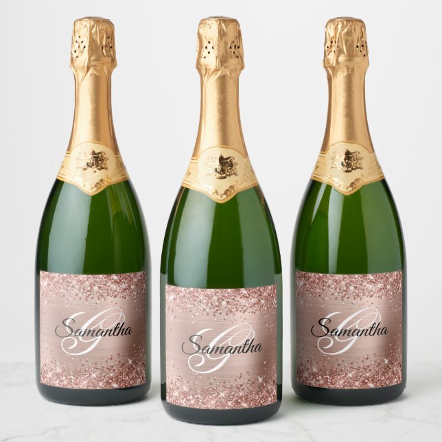 Glittery Rose Gold Foil Fancy Monogram Sparkling Wine Label (Bottles)
