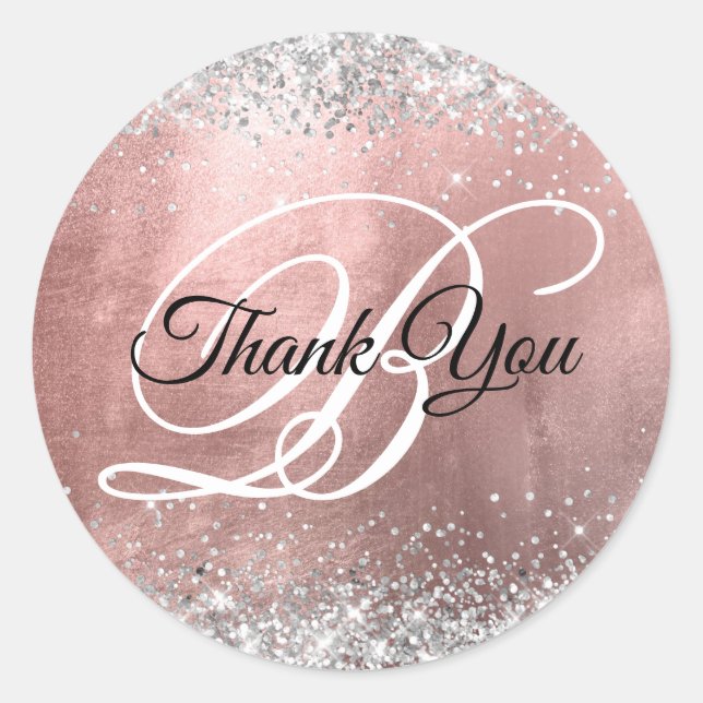 Glittery Rose Gold Foil Fancy Monogram Thank You Classic Round Sticker (Front)