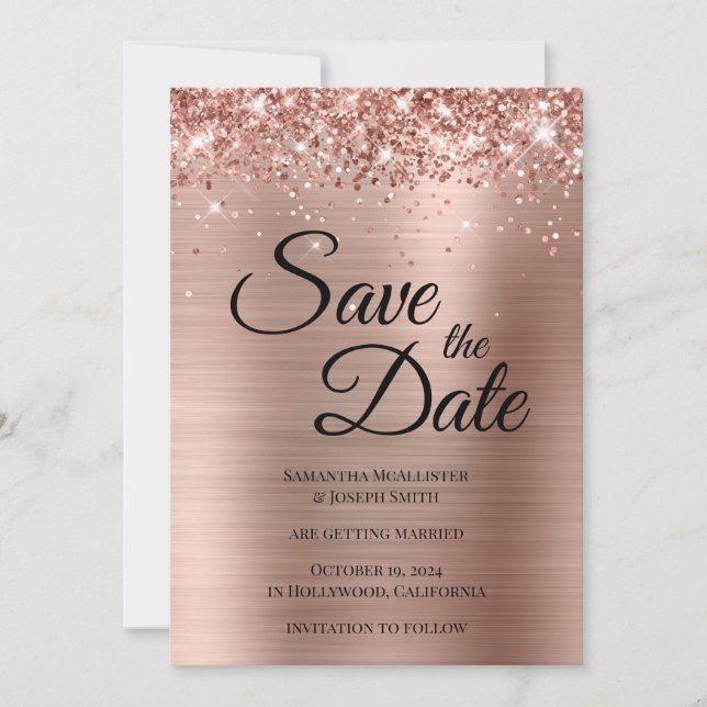Glittery Rose Gold Foil Fancy Script Save The Date (Front)