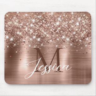 Glittery Rose Gold Foil Faux Glitter Monogram Mouse Pad