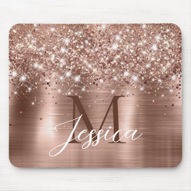 Glittery Rose Gold Foil Faux Glitter Monogram Mouse Pad (Front)