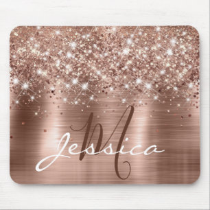 Glittery Rose Gold Foil Faux Glitter Monogram Mouse Pad