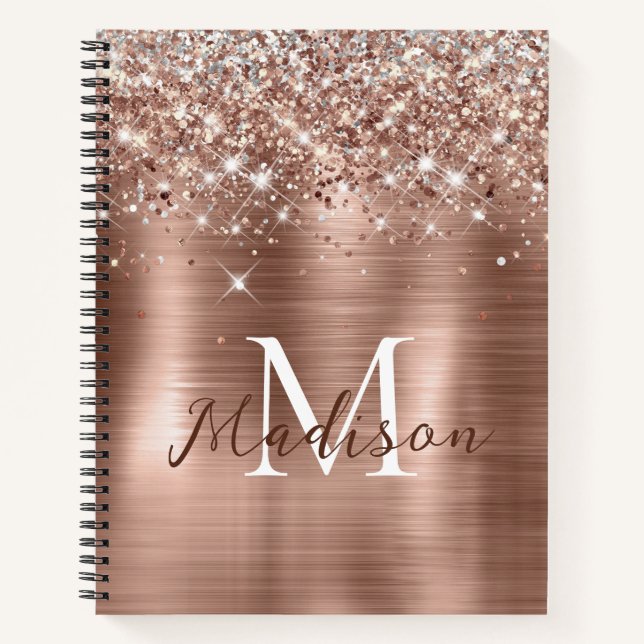Glittery Rose Gold Foil Faux Glitter Monogram Notebook (Front)
