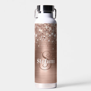 Glittery Rose Gold Foil Faux Glitter Monogram Water Bottle
