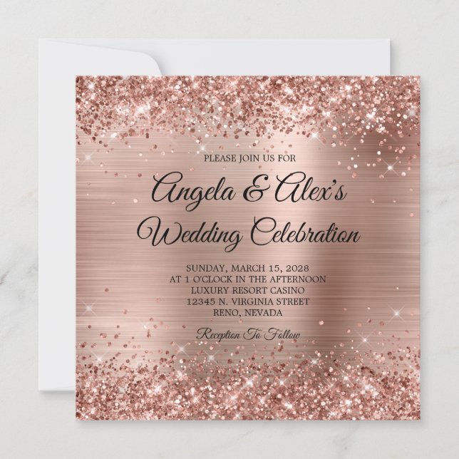Glittery Rose Gold Foil Glam Wedding Invitation (Front)