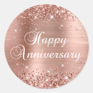 Glittery Rose Gold Foil Happy Anniversary Classic Round Sticker