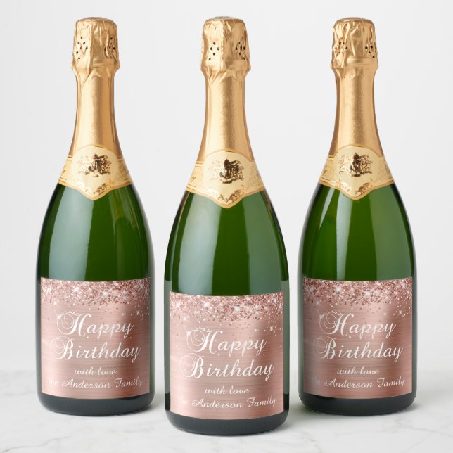 Glittery Rose Gold Foil Happy Birthday Sparkling Wine Label (Bottles)