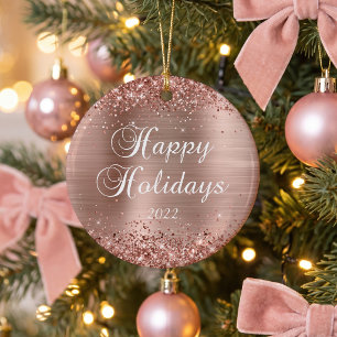 Glittery Rose Gold Foil Happy Holidays Photo Ceramic Ornament