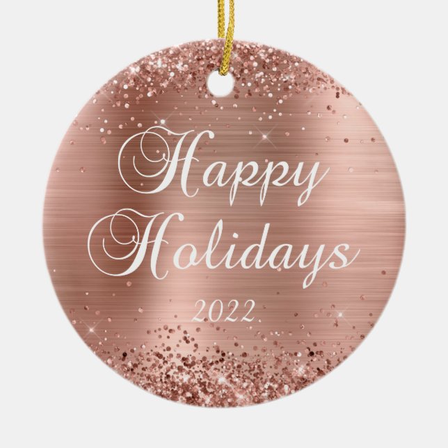 Glittery Rose Gold Foil Happy Holidays Photo Ceramic Ornament (Front)