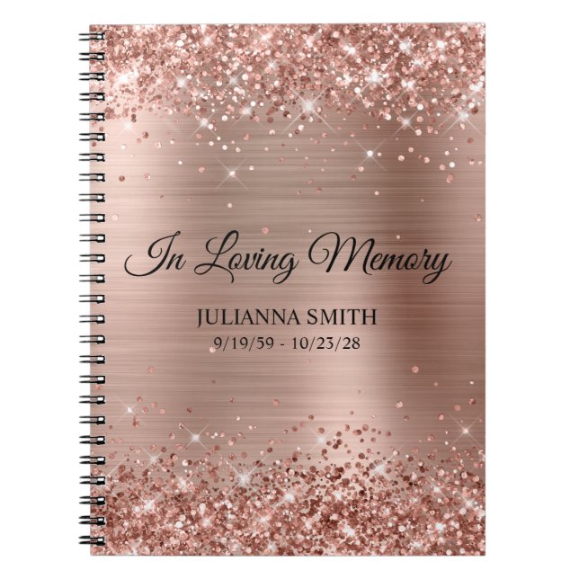 Glittery Rose Gold Foil Memorial Service Guestbook Notebook (Front)