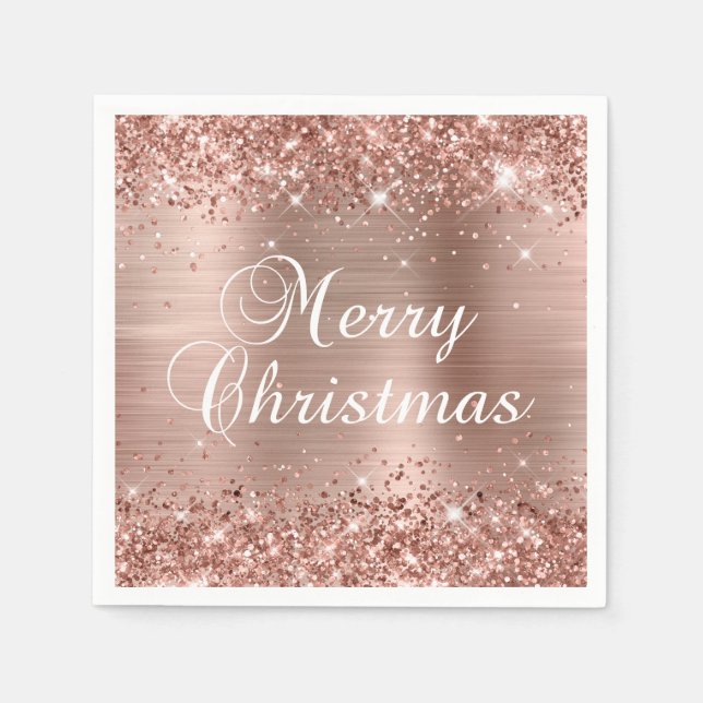 Glittery Rose Gold Foil Merry Christmas Napkin (Front)