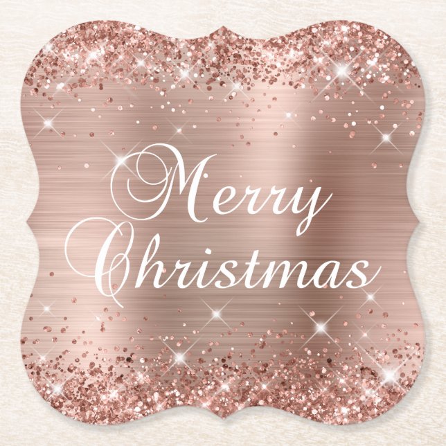 Glittery Rose Gold Foil Merry Christmas Paper Coaster (Front)