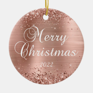 Glittery Rose Gold Foil Merry Christmas Photo Ceramic Ornament