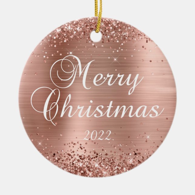 Glittery Rose Gold Foil Merry Christmas Photo Ceramic Ornament (Front)