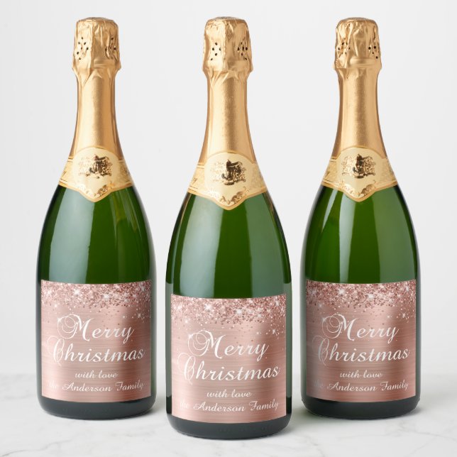 Glittery Rose Gold Foil Merry Christmas Sparkling Wine Label (Bottles)
