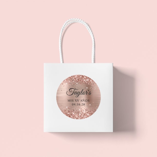 Glittery Rose Gold Foil Mis XV Años Classic Round Sticker (Large Round Favor Stickers)