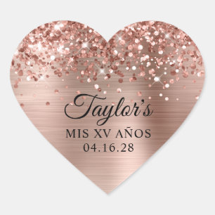 Glittery Rose Gold Foil Mis XV Años Heart Sticker