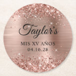 Glittery Rose Gold Foil Mis XV Años Round Paper Coaster<br><div class="desc">Create your own mis XV años quinceañera birthday party round paper coasters. Girly faux sparkly rose gold glitter on the top and bottom edge, over a faux pink blush rose gold brushed metal style ombre foil. Customise the font styles to create your own design for her special celebration. A classic...</div>