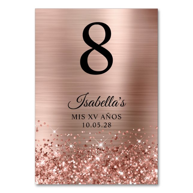 Glittery Rose Gold Foil Mis XV Anos Table Number (Front)