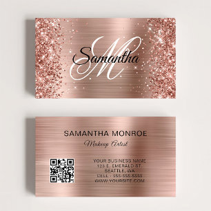 Glittery Rose Gold Foil Monogram QR Code Business Card