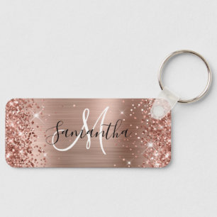 Glittery Rose Gold Foil Monogram Skinny Horizontal Key Ring