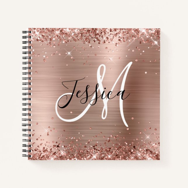 Glittery Rose Gold Foil Monogram Square Notebook (Front)