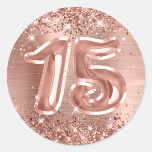 Glittery Rose Gold Foil Number 15 Birthday Classic Round Sticker