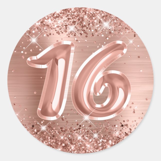 Glittery Rose Gold Foil Number 16 Birthday Classic Round Sticker (Front)