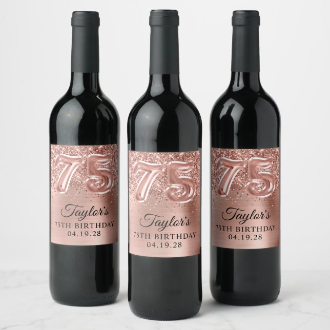 Glittery Rose Gold Foil Number 75 Birthday Wine Label (Bottles)