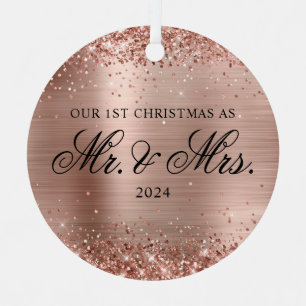 Glittery Rose Gold Foil Our 1st Christmas Photo Metal Tree Decoration
