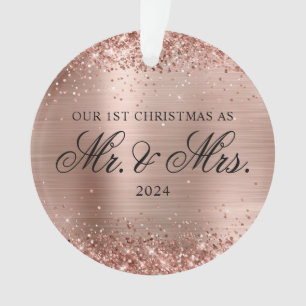 Glittery Rose Gold Foil Our 1st Christmas Photo Ornament