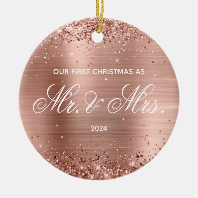 Glittery Rose Gold Foil Our First Christmas Ceramic Ornament (Front)