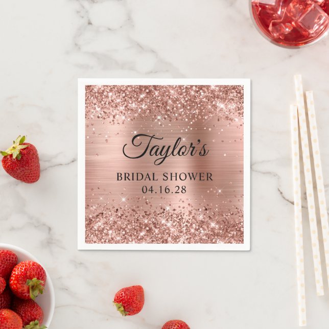 Glittery Rose Gold Foil Personalised Bridal Shower Napkin (Insitu)