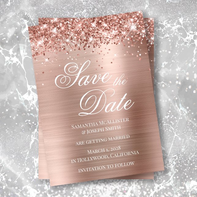 Glittery Rose Gold Foil Photo Save the Date Invitation (Creator Uploaded)