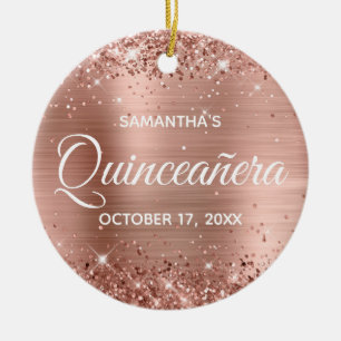 Glittery Rose Gold Foil Quinceañera Ceramic Ornament