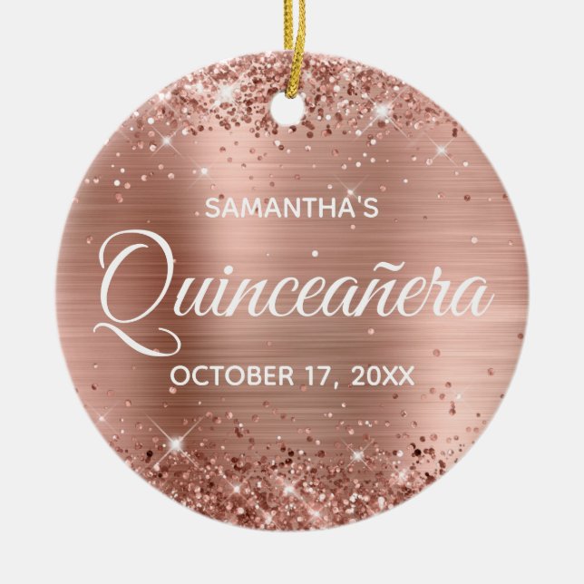 Glittery Rose Gold Foil Quinceañera Ceramic Ornament (Front)