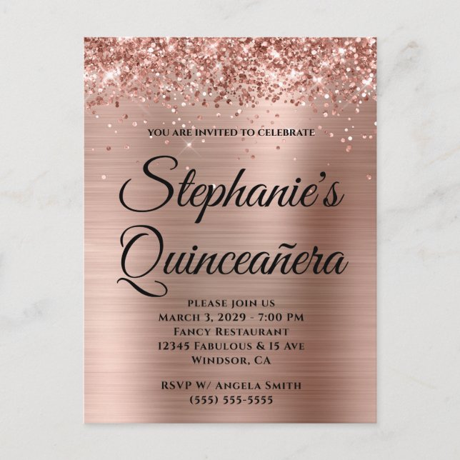 Glittery Rose Gold Foil Quinceañera Invitation Postcard (Front)