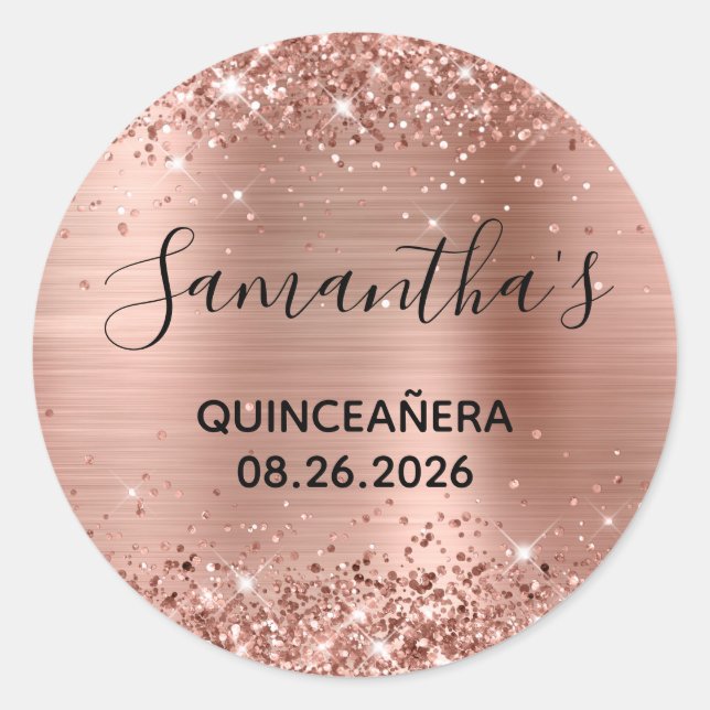 Glittery Rose Gold Foil Quinceañera Party Classic Round Sticker (Front)